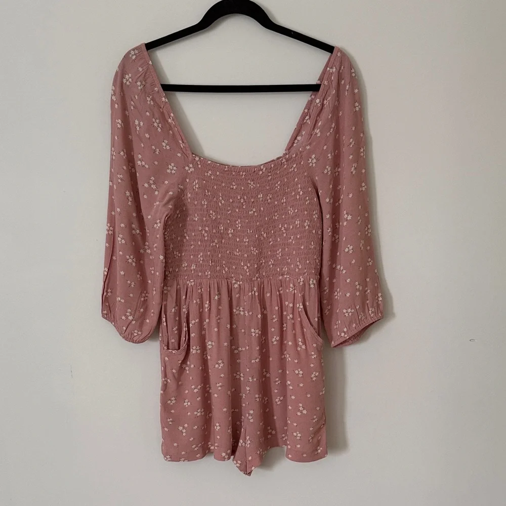 64. | American Eagle | Pink Floral Smocked Romper - Picture 2 of 6
